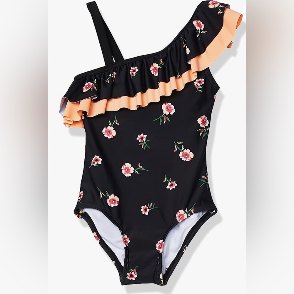 KANU SURF Girls  1-Piece Swimsuit Sz 7 -Morgan Black Floral Ruffle